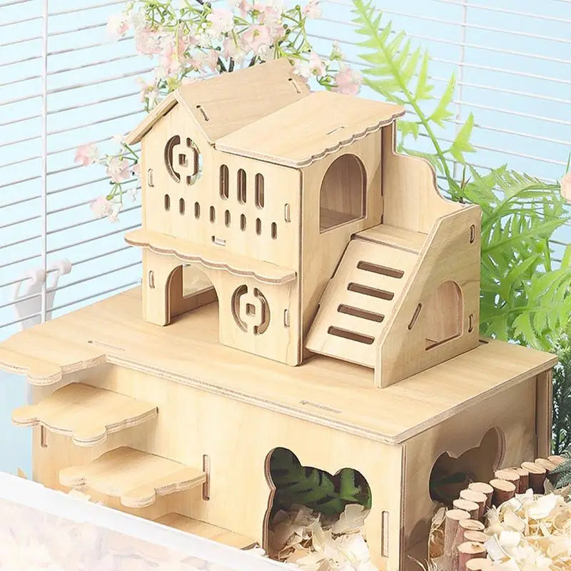 Cozy Multi-Chamber Wooden Habitat for Small Pets